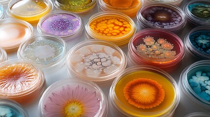 Naklejka premium Array of petri dishes with different colored growths, laid out on a sterile lab surface, intricate patterns and textures in each dish,