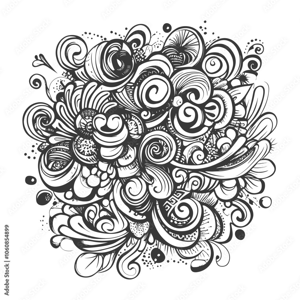 Poster abstract black and white doodle pattern with swirls and curls