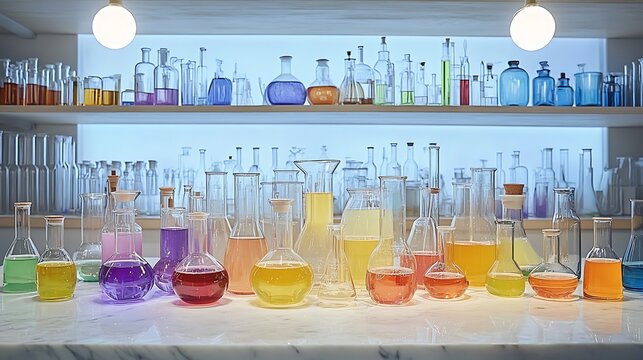 Array of scientific glassware on a glossy lab counter, with beakers, flasks, and cylinders filled with a range of colored solutions,