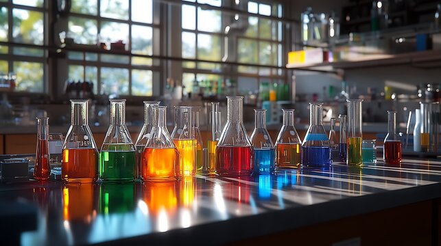 Array of scientific glassware on a glossy lab counter, with beakers, flasks, and cylinders filled with a range of colored solutions,