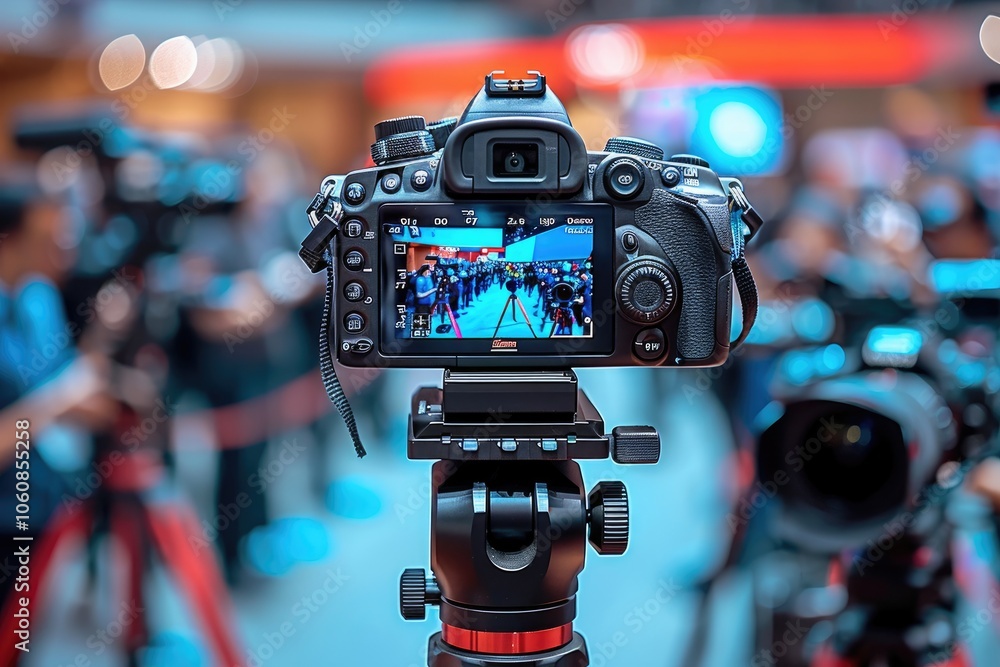 Poster a dslr camera mounted on a tripod capturing a crowd