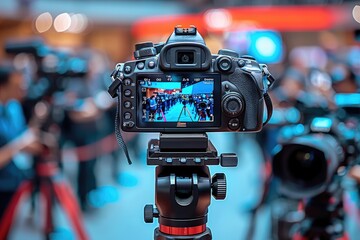 A DSLR Camera Mounted on a Tripod Capturing a Crowd