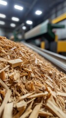 Industrial wood processing: closeup of conveyor belt system for efficient material transport