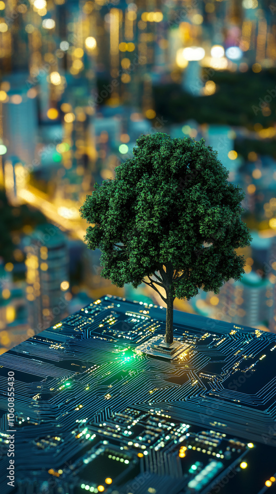 Poster tree growing on a circuit board with a city skyline background representing the concept of green tec