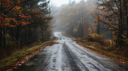 Obraz premium Desolate rural road on a foggy rainy autumn day