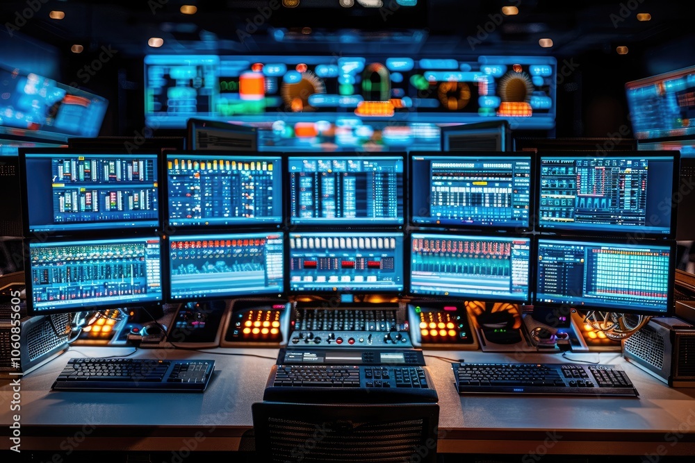 Poster a control room with multiple monitors displaying data and graphs