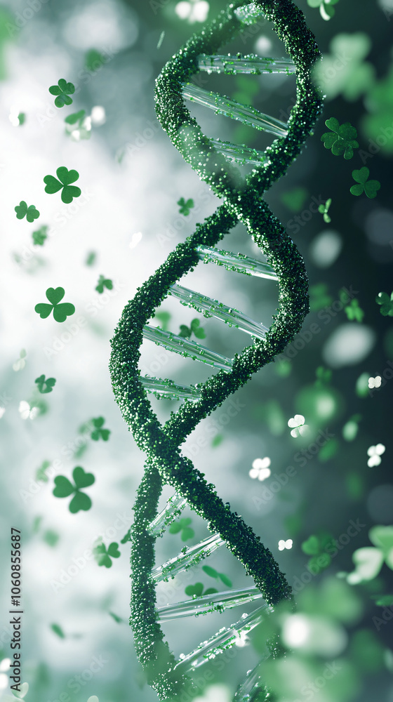 Poster 3d rendering of a dna strand surrounded by green clovers, representing luck and health in genetic st