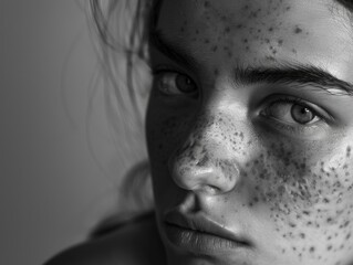 Obraz premium Woman with a lot of freckles on her face. She has a serious expression on her face