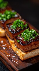 Gourmet presentation of foie gras on toasted baguette with fresh herbs