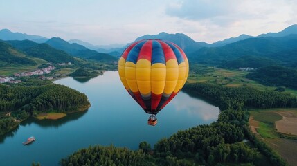 Fototapeta premium Aerial View of Colorful Hot Air Balloon Over Scenic Landscape