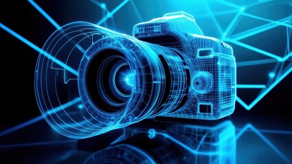 Obraz premium Digital camera outline, neon blue glow, technological grid background, futuristic, holographic, wireframe, glowing circuits, high-tech photography concept, cyber aesthetic, digital art, 3D rendering, 