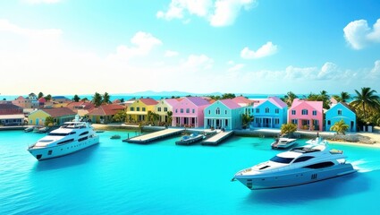 Tropical paradise, colorful Caribbean houses, vibrant pastel buildings, turquoise water, luxury yacht, sunny day, clear blue sky, white puffy clouds, idyllic coastal town, Nassau Bahamas, photorealist
