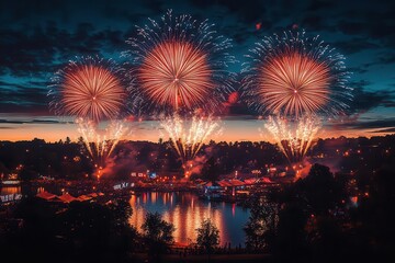 Fototapeta premium festive 4th of july scene featuring fireworks lighting up the night sky over a vibrant celebration with red white and blue decorations and a sense of patriotic joy