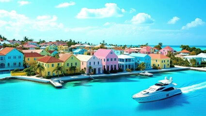 Fototapeta premium Tropical paradise, colorful Caribbean houses, vibrant pastel buildings, turquoise water, luxury yacht, sunny day, clear blue sky, white puffy clouds, idyllic coastal town, Nassau Bahamas, photorealist