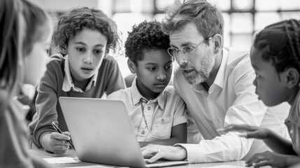 An inclusive classroom environment where a teacher works with children on educational activities using digital resources.