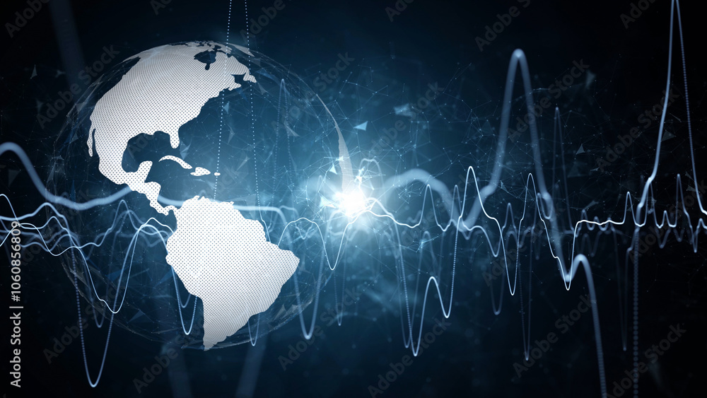 Poster conceptual 3d earth planet globe on wavy digital artificial intelligence cyberspace network illustra