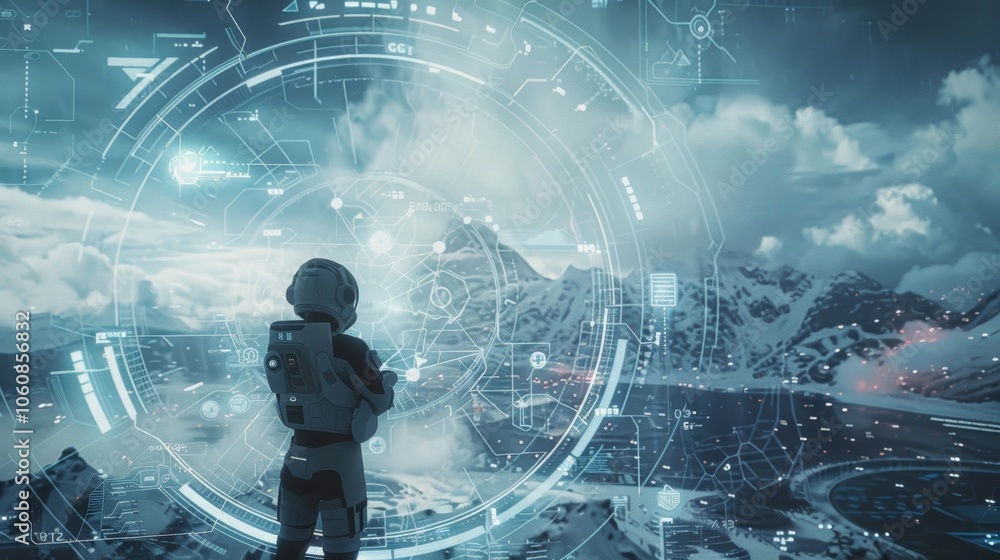 Aufkleber astronaut explores snowy mountains with high tech hud, analyzing data for space exploration