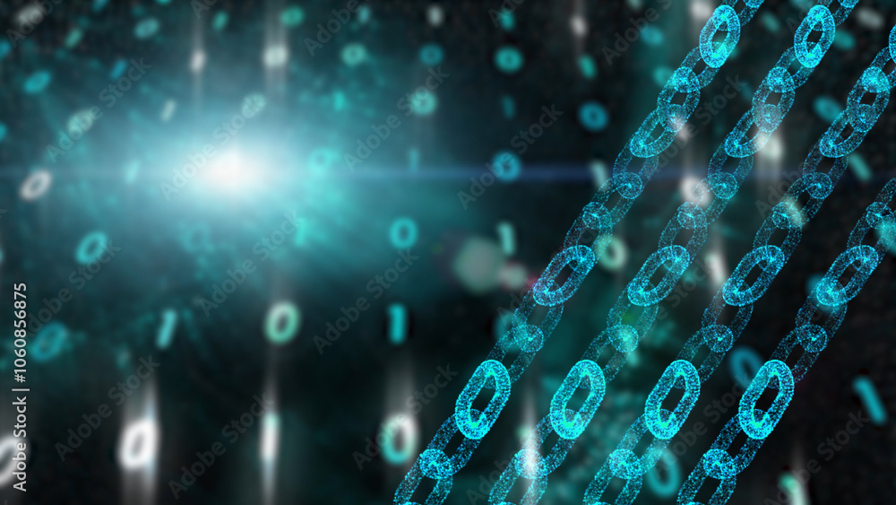 Poster digital chain technology with blurred binary code illustration. concept business background.