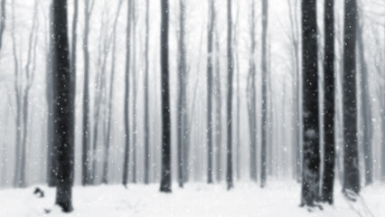 Blurred snow forest with realistic snowflakes.	