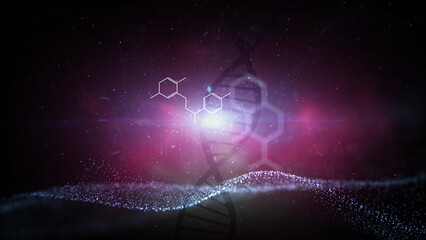 Dark wavy space with dna chain and hexagon molecules illustration.	