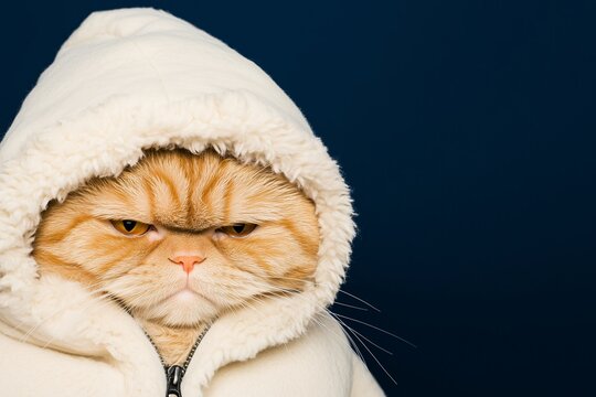 Close-up orange cat with a grumpy face wearing a white hoodie.