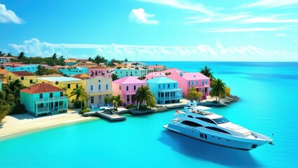 Fototapeta premium Tropical paradise, colorful Caribbean houses, vibrant pastel buildings, turquoise water, luxury yacht, sunny day, clear blue sky, white puffy clouds, idyllic coastal town, Nassau Bahamas, photorealist