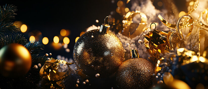 Sparkling Gold Christmas Ornaments with Festive Lights and Tinsel, Sparkling Gold Christmas Ornaments with Festive Lights and Tinse
