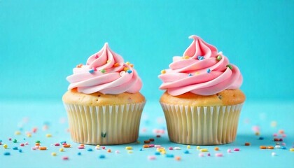 Two cupcakes with colorful sprinkles and confetti on a blue background, birthday celebrations, created with generative ai