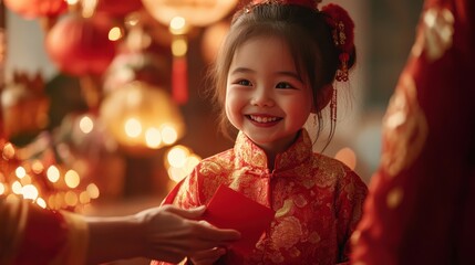 A Chinese grandmother's hand offering a bright red envelope to her smiling granddaughter, who reaches out excitedly, framed by festive New Year's decorations in a warmly lit living room