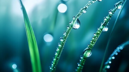 A macro shot of water drops hanging from delicate grass blades