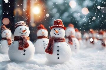Fototapeta premium A group of snowmen with festive scarves, gathered for a Christmas celebration.