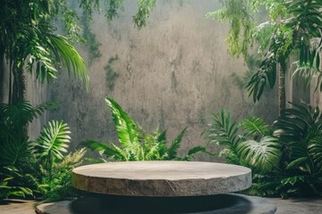 Top-down perspective on circular stone platform in dense jungle setting with towering trees and foliage. Eco-tourism destination or ancient landmark.