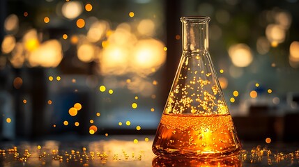 Close-up of an Erlenmeyer flask filled with a vibrant, bubbling liquid in a lab setting, bubbles rising through the liquid, with soft lab lighting creating gentle reflections and shadows,
