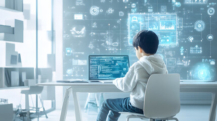 Student working on laptop, exploring interactive technology and data