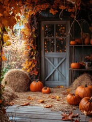 Obraz premium Autumn season setting with pumpkins, hay bales and leaves.