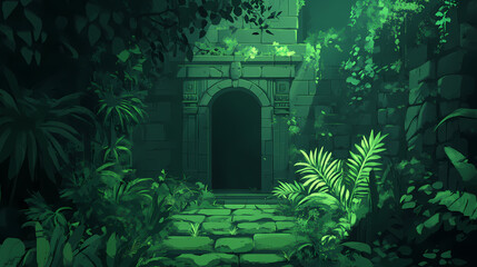 A dark and mysterious ancient temple deep within a dense jungle. Deep Jungle. Illustration