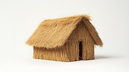 Minimalist view of a straw house against white, emphasizing the raw, natural texture of the thatched roof and walls