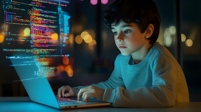 Young boy focused on coding with laptop, colorful code on screen - Powered by Adobe