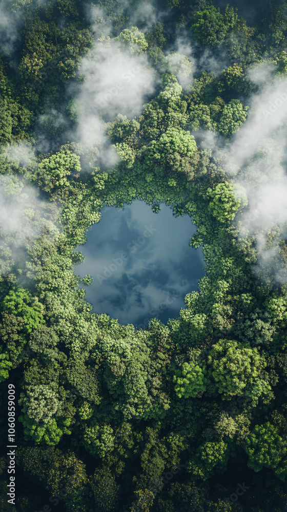 Poster aerial view of a beautiful lake reflecting the sky surrounded by green forest and partially covered 
