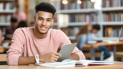 Student using digital study planner in library setting, focused