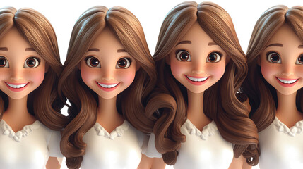 Cartoon-Style Brown-Haired Girl Avatars on Clear Background Generative AI