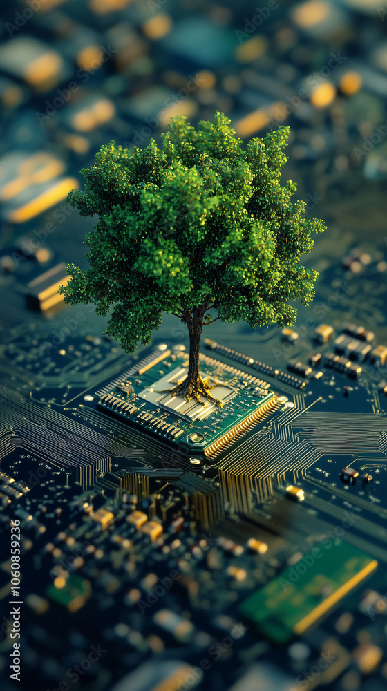 Poster green technology symbolized by a green tree growing from a microchip on a motherboard