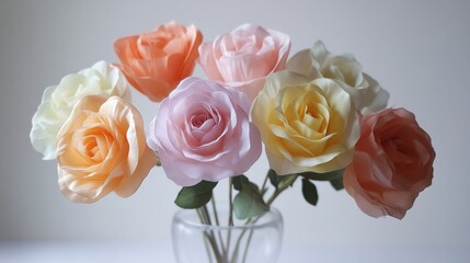 Bouquet of pastel-colored roses in soft pink, peach, and yellow shades, displayed in a clear glass vase against a light background