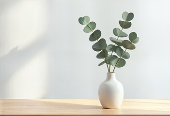 Simple white vase with eucalyptus branches on wooden table in a minimalistic interior setting during daylight