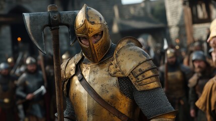 Intimidating medieval knight in golden armor holding battle axe among warriors