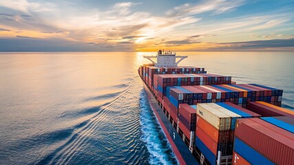 Obraz premium Vibrant High-Angle Photograph of a Cargo Ship Loaded with Colorful Shipping Containers Sailing Through Calm Ocean Waters at Sunset