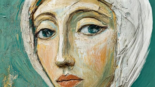 A close-up painting of a woman's face, with blue eyes and a white scarf
