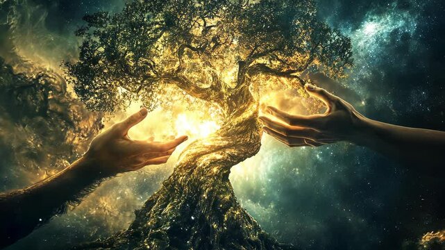 Two hands reach out towards a glowing tree in a starry sky