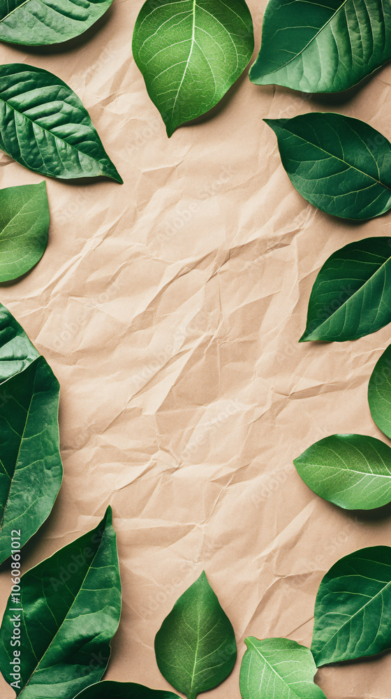 Poster Crumpled paper background with green leaves arranged to create a natural and refreshing border