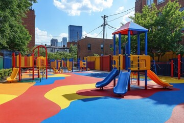 A children´s playground with equipment painted in bright reds, blues, and yellows. 